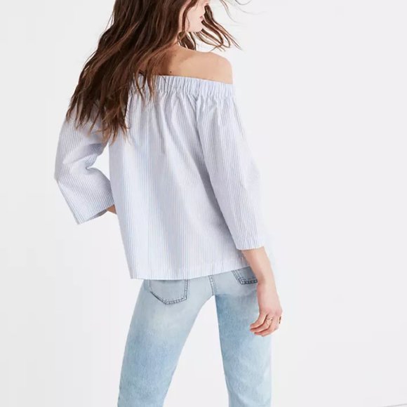 Madewell Clean Off The Shoulder Top Stripe White Blue Cotton Swing Blouse XS - Picture 2 of 13